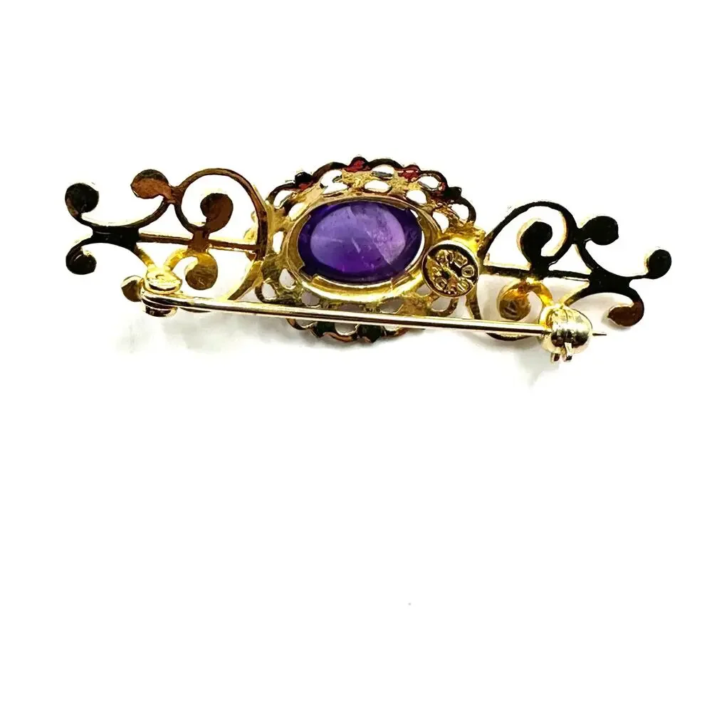 Brooch Pin Gold Purple Cabachon Marked 12kGFDOR 12k gold filled retro vintage